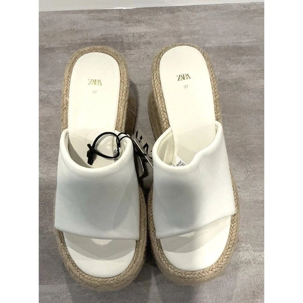 Zara White Leather Chunky Platform Sandals Jute Espadrille Mules NWT Size 37 6.5 - Picture 10 of 11
